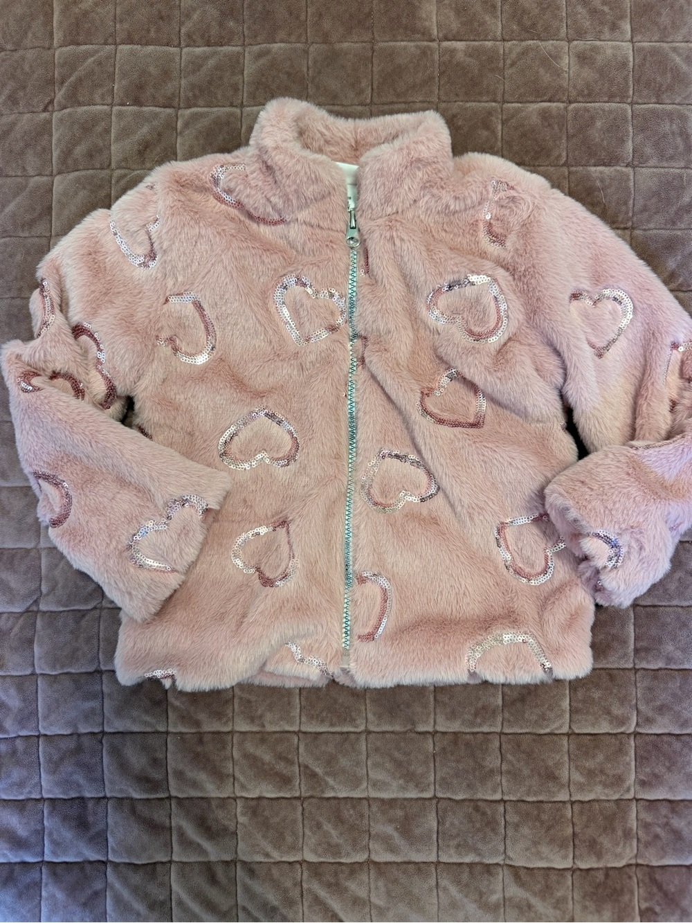 Little Lass Plush Zip-Up Jacket in Blush Pink with Sequin Hearts 12 Month